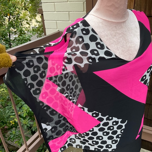Frank Lyman  color block pink black 80’s VTG dress sheer abstract overlay, 6 - Picture 4 of 10